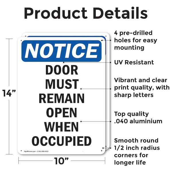 Door Must Remain Open When Occupied, 10 In W X Rectangle, Aluminum